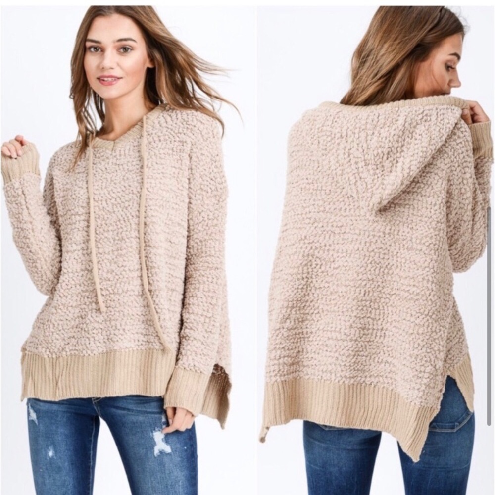 Women’s Popcorn lightweight knit pullover soft fall winter taupe sweater hoodie - Picture 3 of 3